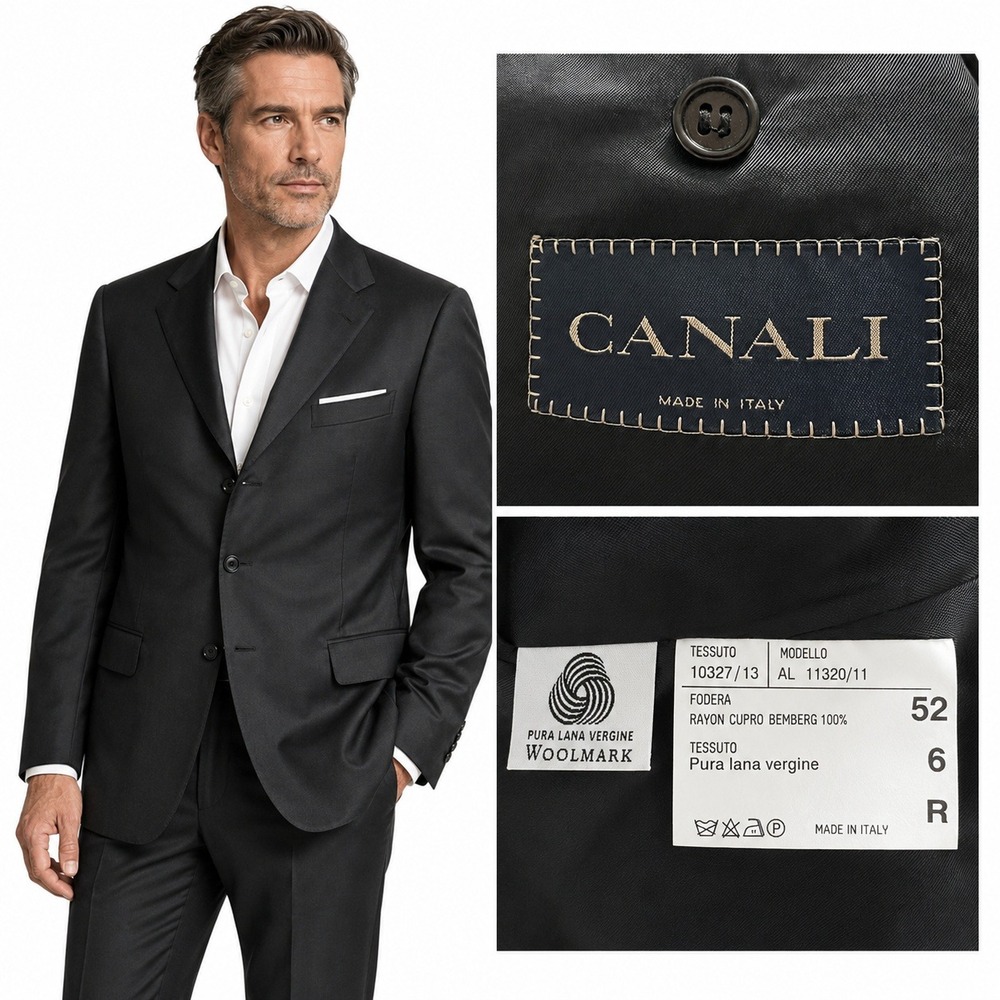 Canali Blazer Mens US 42R Black Wool 3 Button Suit Jacket 52 Italy Luxury Sport
